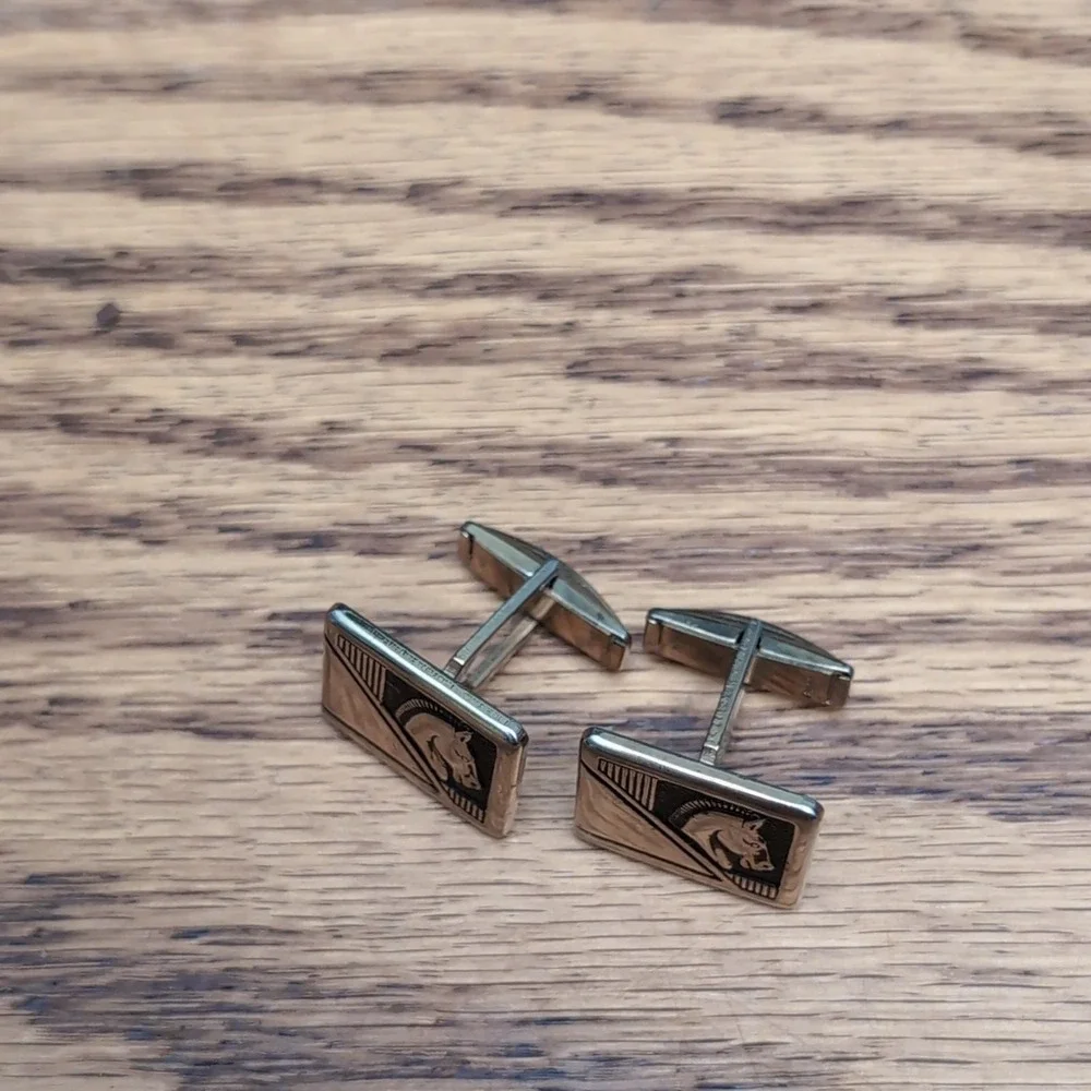 Swank Horse Head Design Cufflinks Men's Black Silver Square Vintage 7/8 in